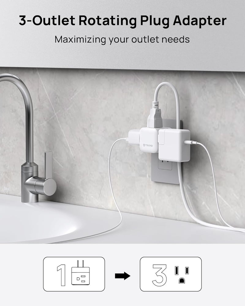TROND 2 Prong to 3 Prong Outlet Adapter with 360 Rotating Plug, 3 Way Plug Splitter, Travel Power Splitter for US to Japan, Turn the Horizontal to Vertical Non-grounded Outlet in Old House - Image 3